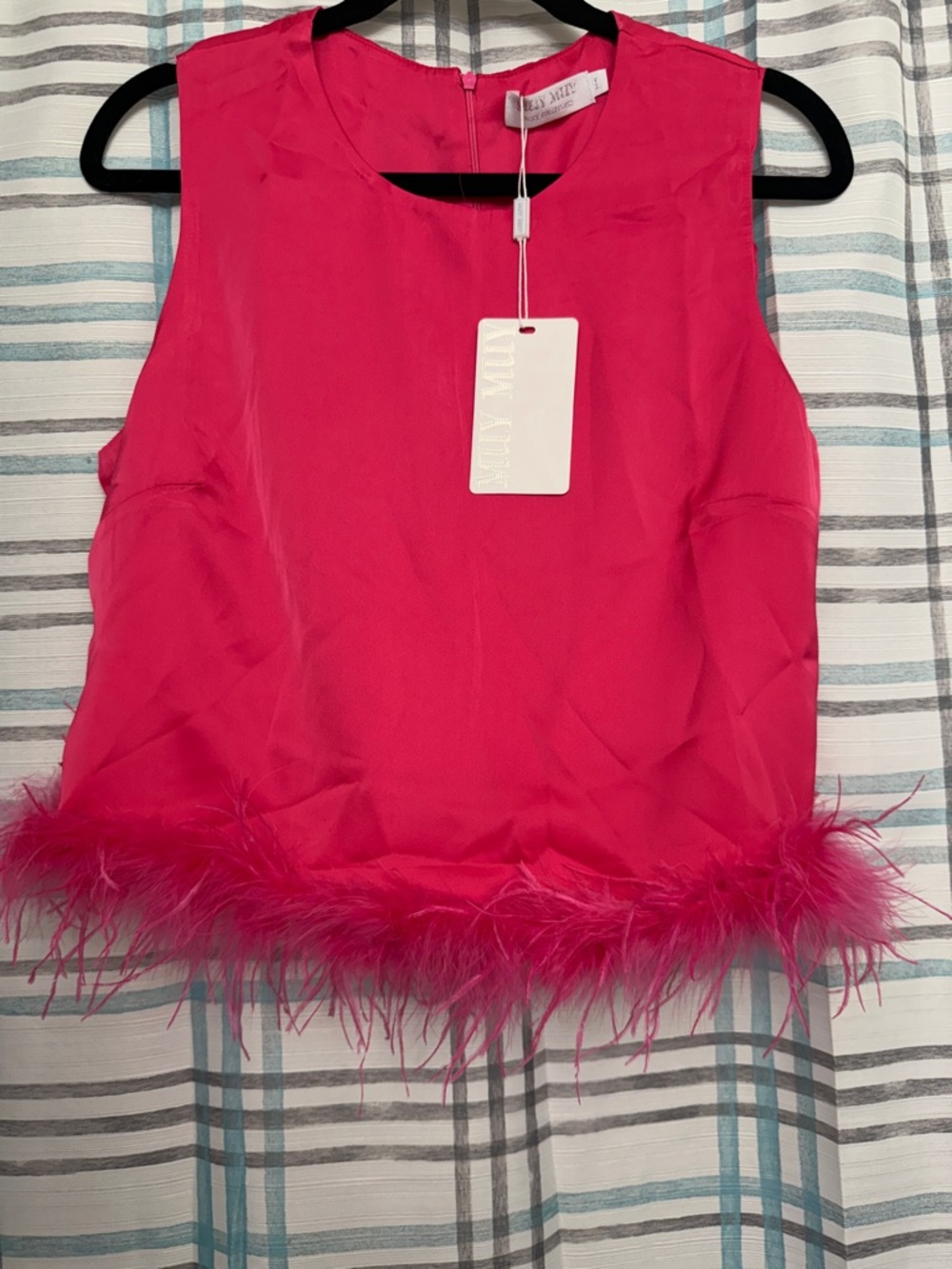Sleeveless Feather-Hem Crop Top in Hot Pink